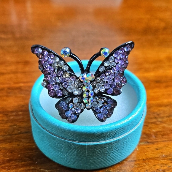 Purple Rhinestone Black Silver Tone Butterfly Ring Size 7 Adjustedble - Picture 3 of 17